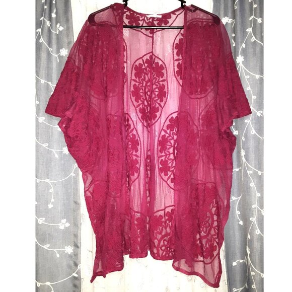 Maurices Dark Berry Pink Sheer Lace Kimono Open Cardigan Sweater Duster One Size - Picture 1 of 5